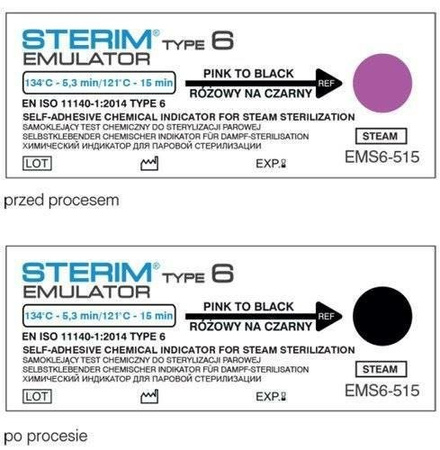 Test paskowy STERIM Emulator Klasa 6 do autoklawów, 121°C/15 min, 134°C/5,3 min, 250 szt., EMS6-515