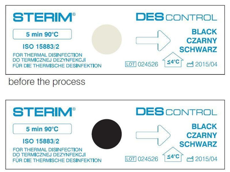 DES CONTROL – wskaźniki chemiczne do kontroli dezynfekcji termicznej 90°C/5 min, samoklejące, 200 szt., STERIM